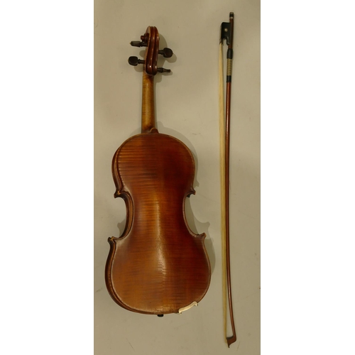 1001 - A 19th Century Staines 2-piece back violin, labelled and dated 1892, with bow and in zipped case.