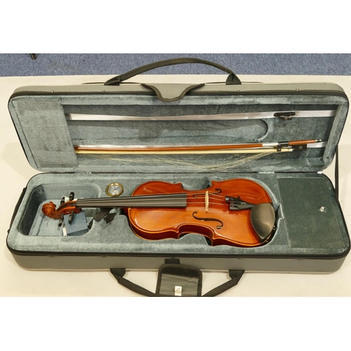 1003 - Stentor 2-piece back violin numbered R227084, back 35.5cm, with bow (needs restringing), in zipped c... 