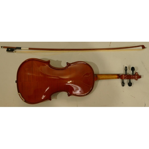 1003 - Stentor 2-piece back violin numbered R227084, back 35.5cm, with bow (needs restringing), in zipped c... 