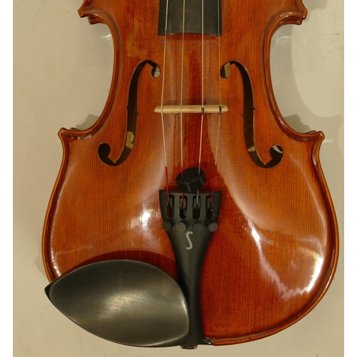 1003 - Stentor 2-piece back violin numbered R227084, back 35.5cm, with bow (needs restringing), in zipped c... 