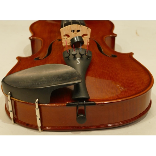 1003 - Stentor 2-piece back violin numbered R227084, back 35.5cm, with bow (needs restringing), in zipped c... 