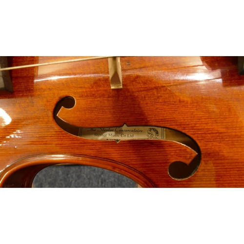 1003 - Stentor 2-piece back violin numbered R227084, back 35.5cm, with bow (needs restringing), in zipped c... 