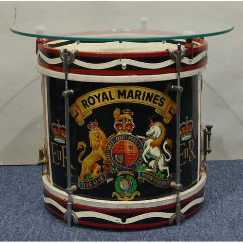 1093 - A Royal Marines marching drum decorated with Queen Elizabeth II coat of arms 