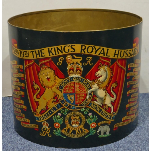 1094 - A 15th/19th The King's Royal Hussars brass drum ring (skin ropes on rims all missing), 34.5cm diamet... 