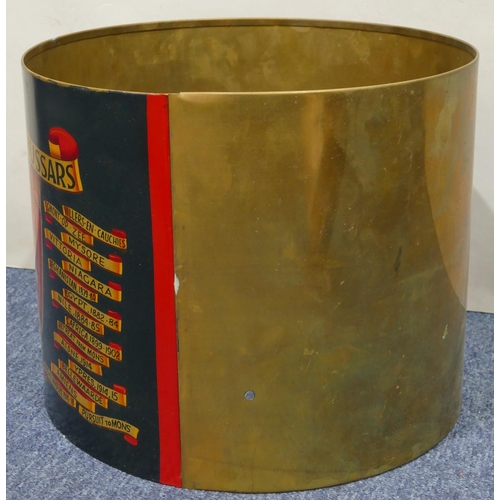 1094 - A 15th/19th The King's Royal Hussars brass drum ring (skin ropes on rims all missing), 34.5cm diamet... 