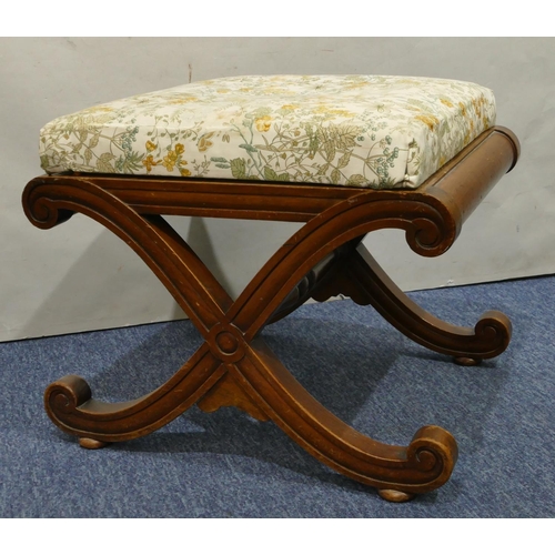 1151 - A Victorian mahogany square stool with floral drop in seat on splayed X-shaped legs and centre stret... 