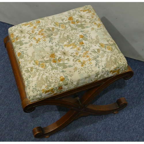 1151 - A Victorian mahogany square stool with floral drop in seat on splayed X-shaped legs and centre stret... 