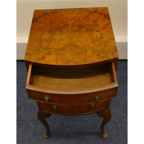 1156 - A burr walnut bow fronted bedside cupboard with 1 drawer and single panelled door in the form of 2 d... 