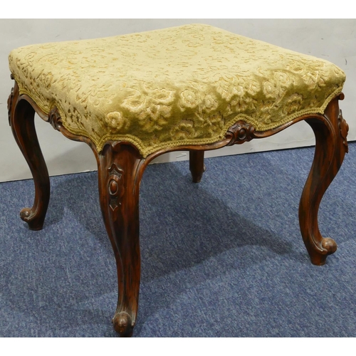 1164 - A Victorian simulated rosewood square stool with green overstuffed seat on cabriole legs, 48cm x 50c... 