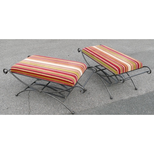 1168 - A pair of good quality wrought iron rectangular shaped stools with multi-coloured striped velvet ove... 