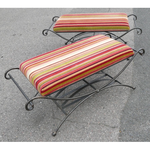 1168 - A pair of good quality wrought iron rectangular shaped stools with multi-coloured striped velvet ove... 