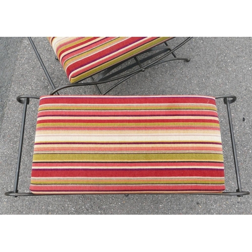 1168 - A pair of good quality wrought iron rectangular shaped stools with multi-coloured striped velvet ove... 