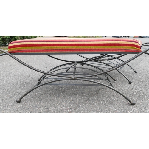 1168 - A pair of good quality wrought iron rectangular shaped stools with multi-coloured striped velvet ove... 