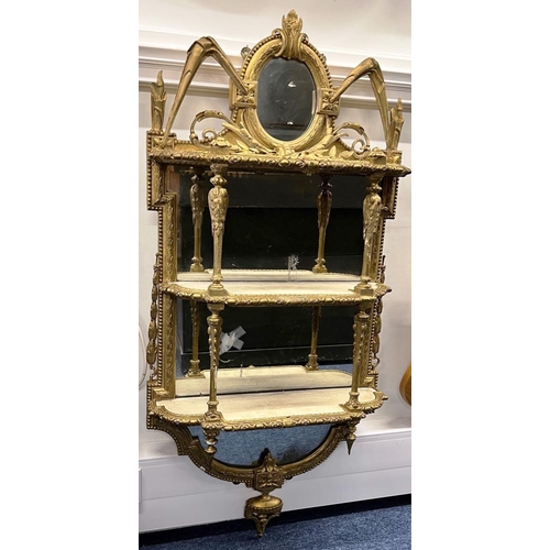 1172 - A 19th Century gilt hanging mirrored back 3 tier shelf 56cm wide 115cm high