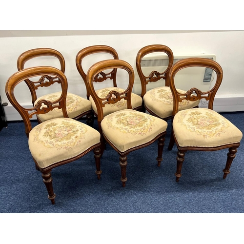 1174 - A Set of 6 Victorian Mahogany open back single chairs needlework overstuffed seats on round turned f... 