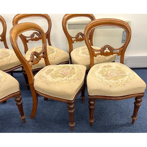 1174 - A Set of 6 Victorian Mahogany open back single chairs needlework overstuffed seats on round turned f... 