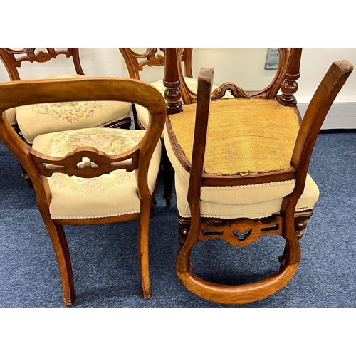 1174 - A Set of 6 Victorian Mahogany open back single chairs needlework overstuffed seats on round turned f... 