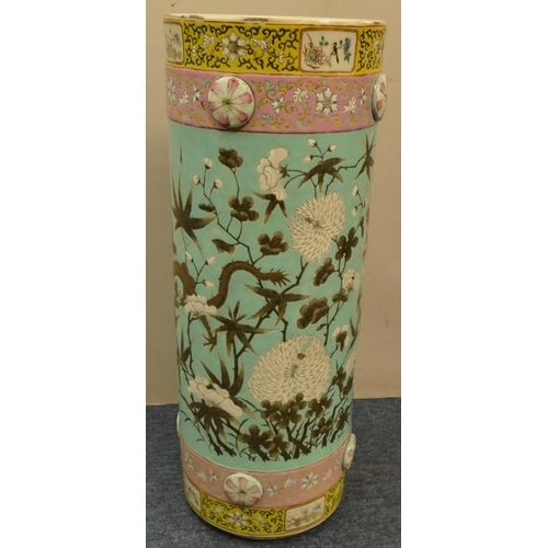 101 - A 19th Century Chinese cylindrical umbrella stand on pale blue, yellow, pink and white ground with m... 