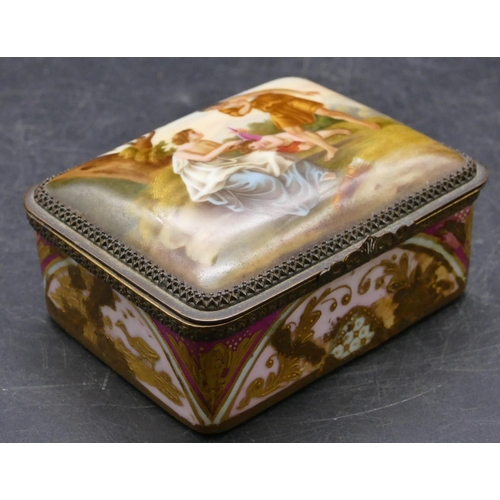 148 - A porcelain rectangular shaped snuff box with gilt metal hinged lid, top depicting 2 figures and cup... 