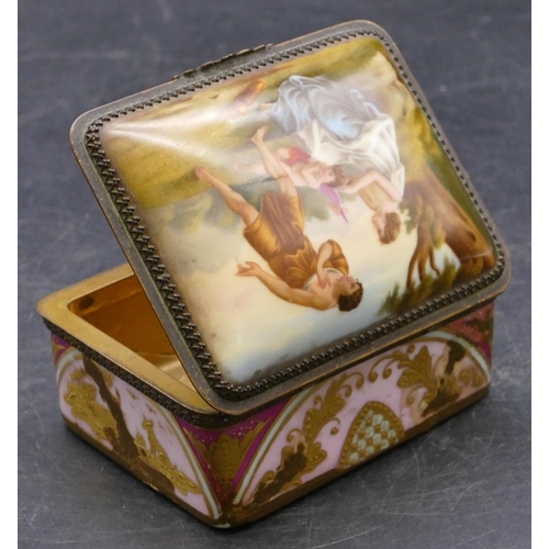 148 - A porcelain rectangular shaped snuff box with gilt metal hinged lid, top depicting 2 figures and cup... 