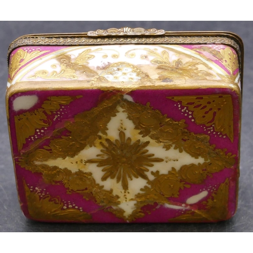 148 - A porcelain rectangular shaped snuff box with gilt metal hinged lid, top depicting 2 figures and cup... 