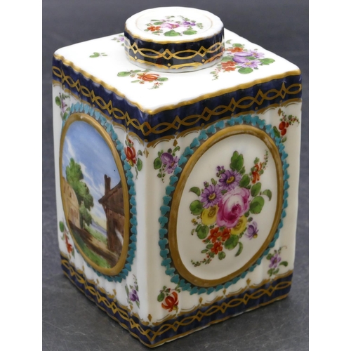 149 - A French hard paste worcester style square tea caddy with cover, reeded decoration on white and blue... 