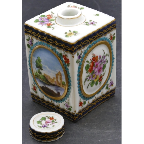 149 - A French hard paste worcester style square tea caddy with cover, reeded decoration on white and blue... 