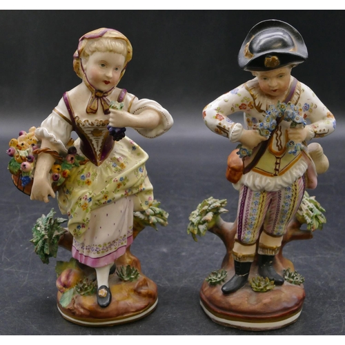 157 - A pair of 18th Century Derby figurines of a young gentleman and lady with encrusted flowers and garl... 