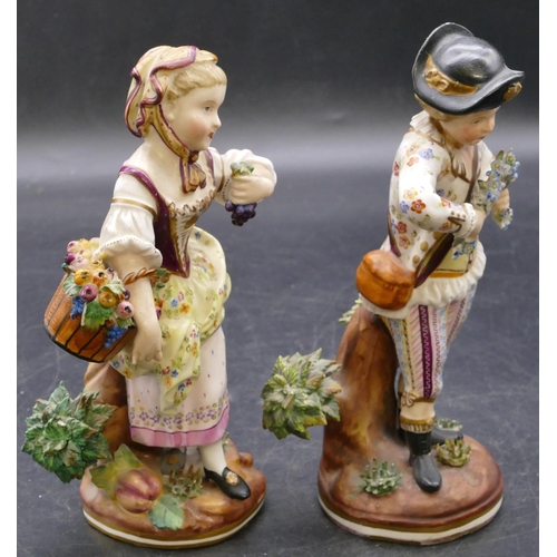 157 - A pair of 18th Century Derby figurines of a young gentleman and lady with encrusted flowers and garl... 