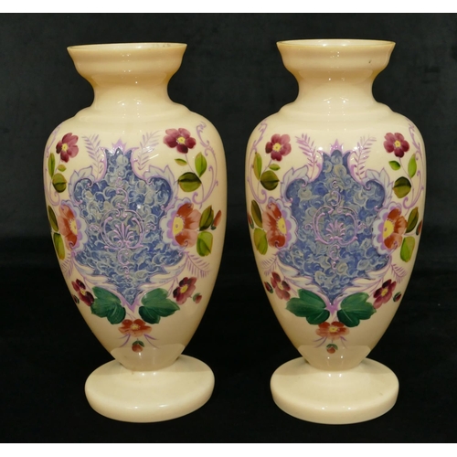 161 - A pair of Victorian opaline round bulbous thin necked trumpet shaped vases with hand painted shield,... 