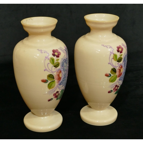 161 - A pair of Victorian opaline round bulbous thin necked trumpet shaped vases with hand painted shield,... 