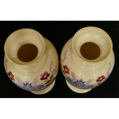 161 - A pair of Victorian opaline round bulbous thin necked trumpet shaped vases with hand painted shield,... 