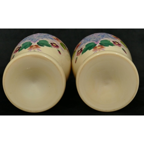 161 - A pair of Victorian opaline round bulbous thin necked trumpet shaped vases with hand painted shield,... 