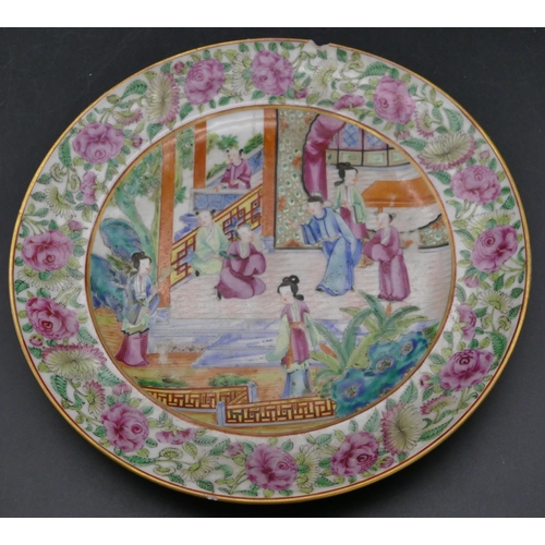 162 - A 19th Century Cantonese round plate with multi-coloured figure, garden, floral and leaf decoration,... 