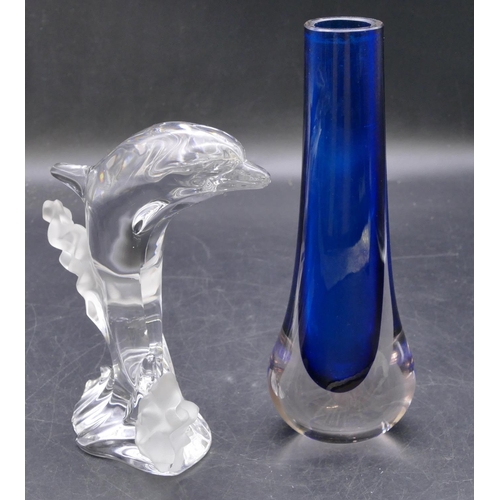 163 - A Lenox clear glass model of a dolphin, dated 1994, 18cm high, a Whitefriars style clear and blue va... 