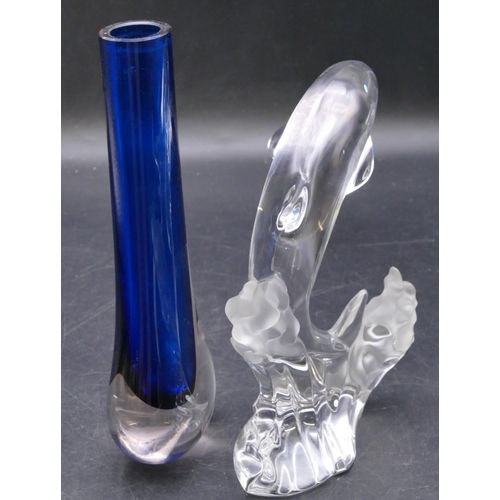 163 - A Lenox clear glass model of a dolphin, dated 1994, 18cm high, a Whitefriars style clear and blue va... 