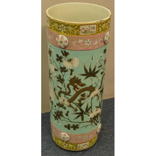 101 - A 19th Century Chinese cylindrical umbrella stand on pale blue, yellow, pink and white ground with m... 