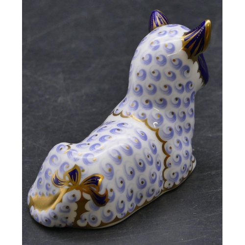 170 - A Royal Crown Derby paperweight in the form of a lamb on blue and white ground with gilt decoration,... 