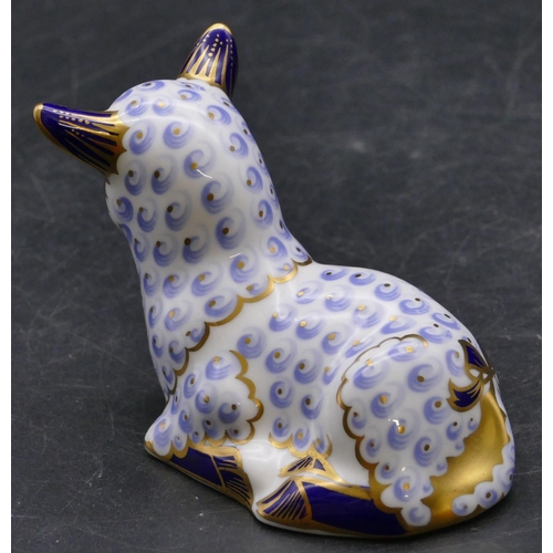 170 - A Royal Crown Derby paperweight in the form of a lamb on blue and white ground with gilt decoration,... 