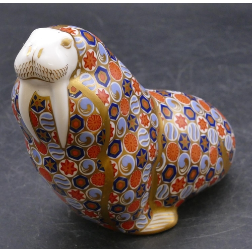 176 - A Royal Crown Derby Imari patterned paperweight in the form of a walrus, 10.5cm high