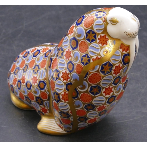 176 - A Royal Crown Derby Imari patterned paperweight in the form of a walrus, 10.5cm high