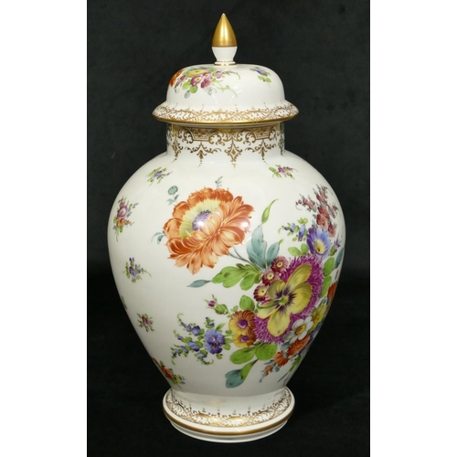 178 - A 20th Century Dresden round bulbous thin necked lidded vase on white ground with multi-coloured flo... 