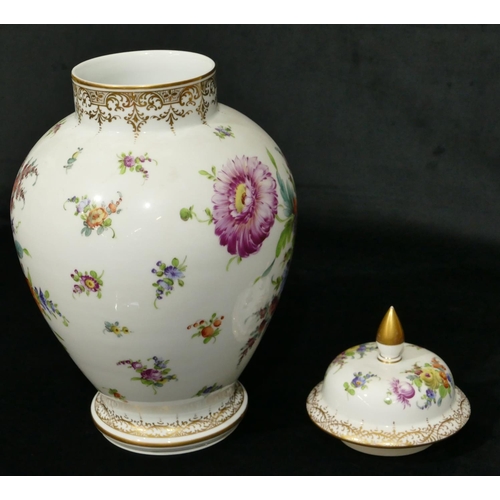 178 - A 20th Century Dresden round bulbous thin necked lidded vase on white ground with multi-coloured flo... 