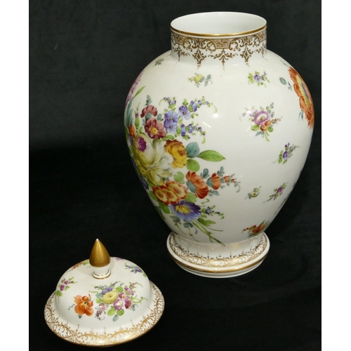 178 - A 20th Century Dresden round bulbous thin necked lidded vase on white ground with multi-coloured flo... 