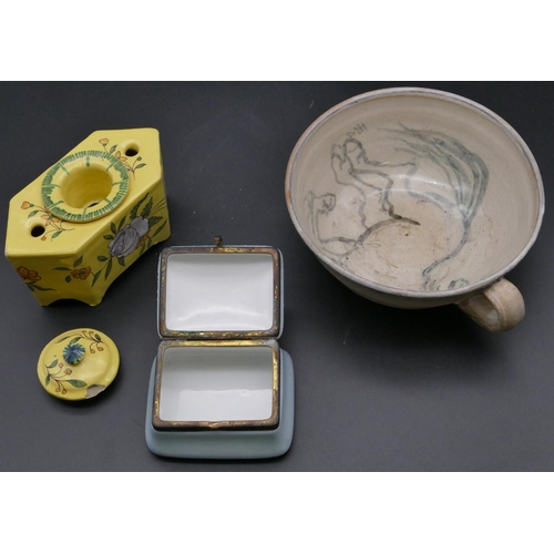 184 - A Continental Majolica inkstand on yellow ground with cover and allover floral and leaf decoration, ... 