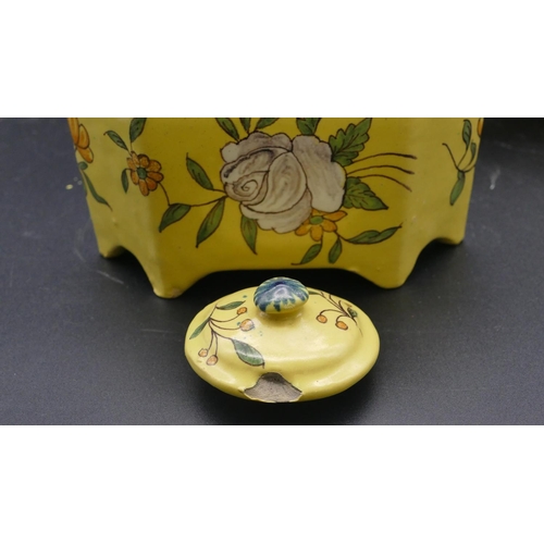 184 - A Continental Majolica inkstand on yellow ground with cover and allover floral and leaf decoration, ... 