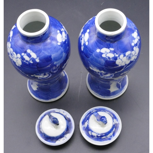 188 - A pair Chinese 19th Century blue and white round bulbous thin necked lidded vases with tree and blos... 