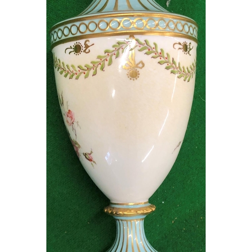 192 - A Royal Crown Derby small round bulbous thin necked ewer on turquoise and cream ground with hand pai... 