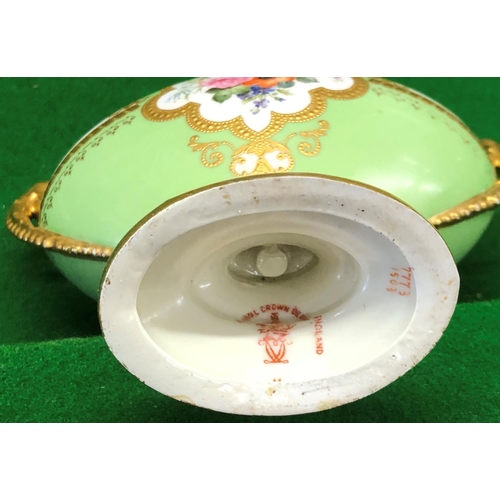 193 - S Hardy, Royal Crown Derby oval bulbous 2 handled lidded pot on pale green and white ground with all... 