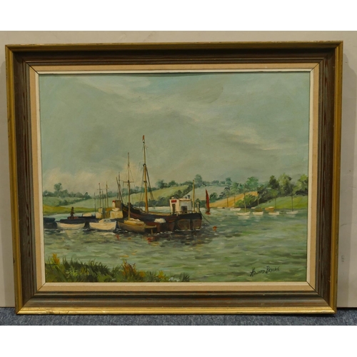 195 - Howard Brooke oil on board depicting boats on a river, signed, in gilt frame, 39cm x 49cm